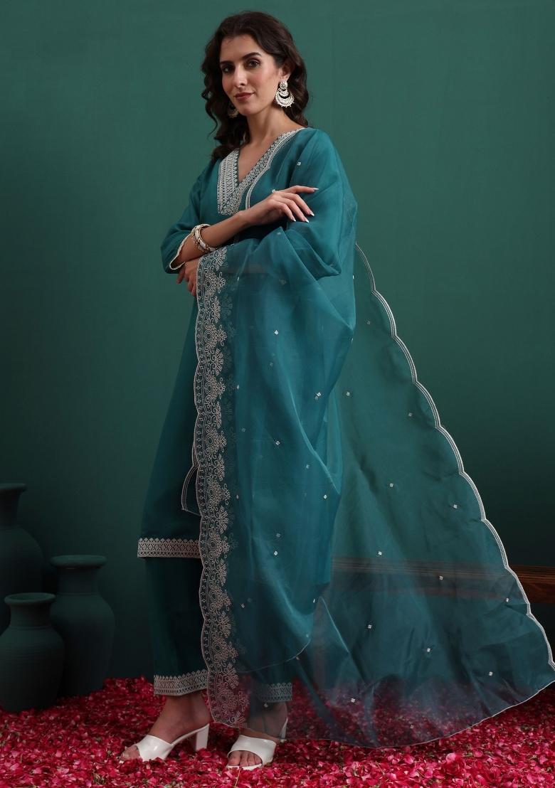 Green Embroidery Silk Kurta Set - Indya