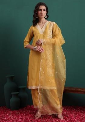 Yellow Embroidery Silk Kurta Set