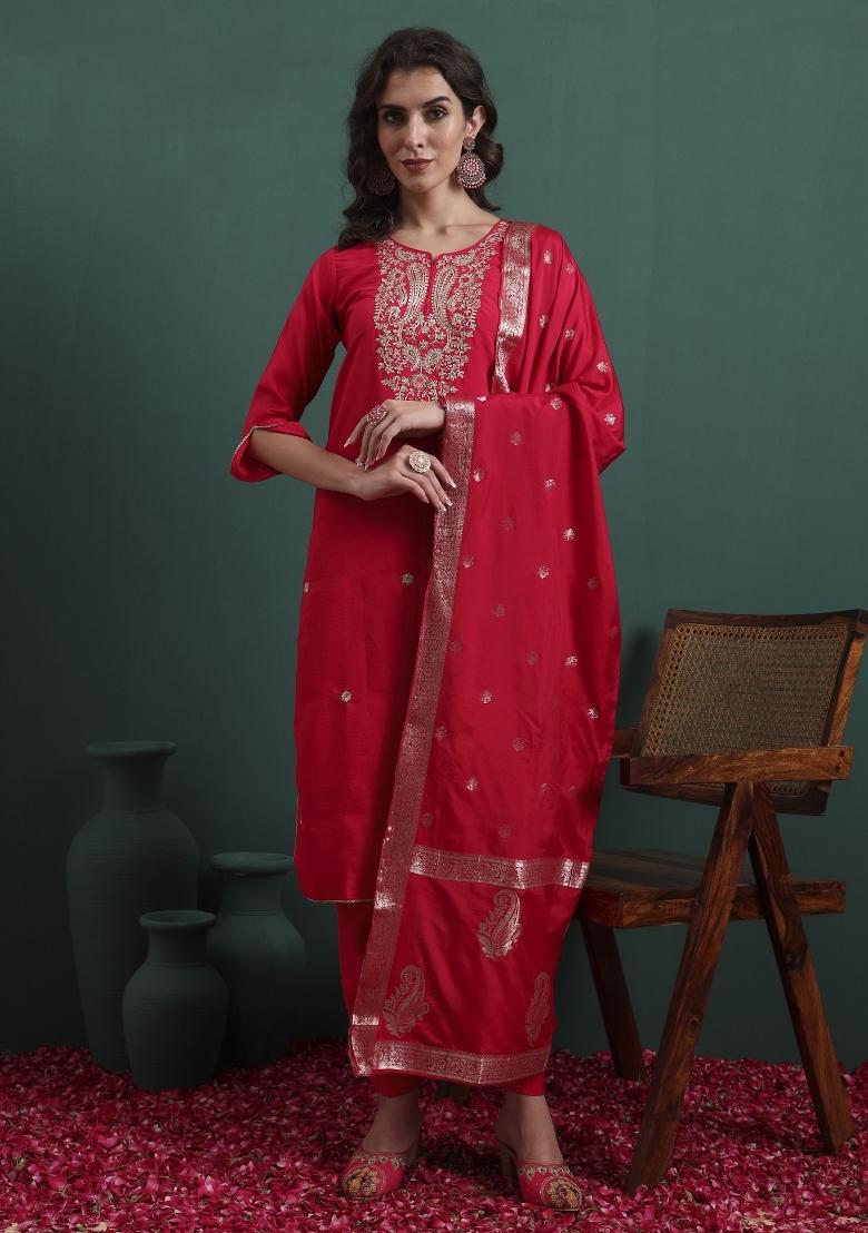 Pink Embroidery Silk Kurta Set - Indya