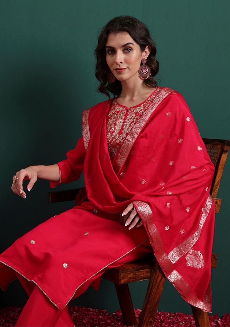 Pink Embroidery Silk Kurta Set - Indya
