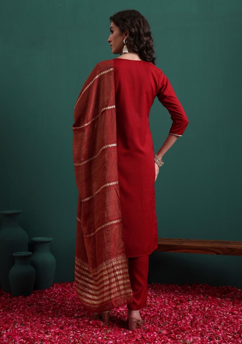 Maroon Embroidery Viscose Kurta Set - Indya