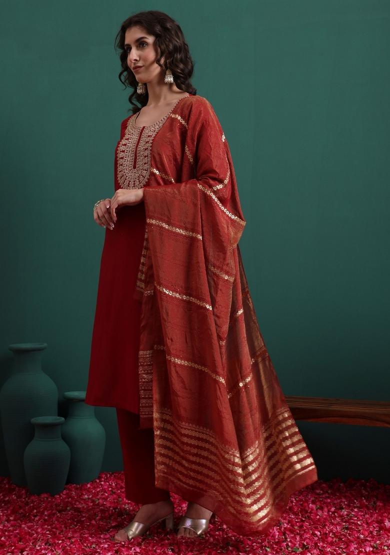Maroon Embroidery Viscose Kurta Set - Indya