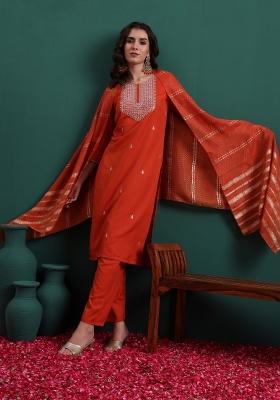 Orange Embroidery Viscose Kurta Set