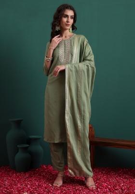 Green Embroidery Viscose Kurta Set