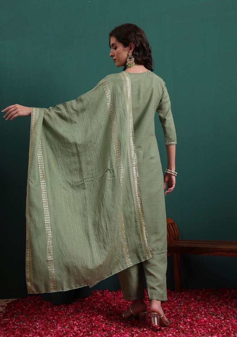 Green Embroidery Viscose Kurta Set - Indya