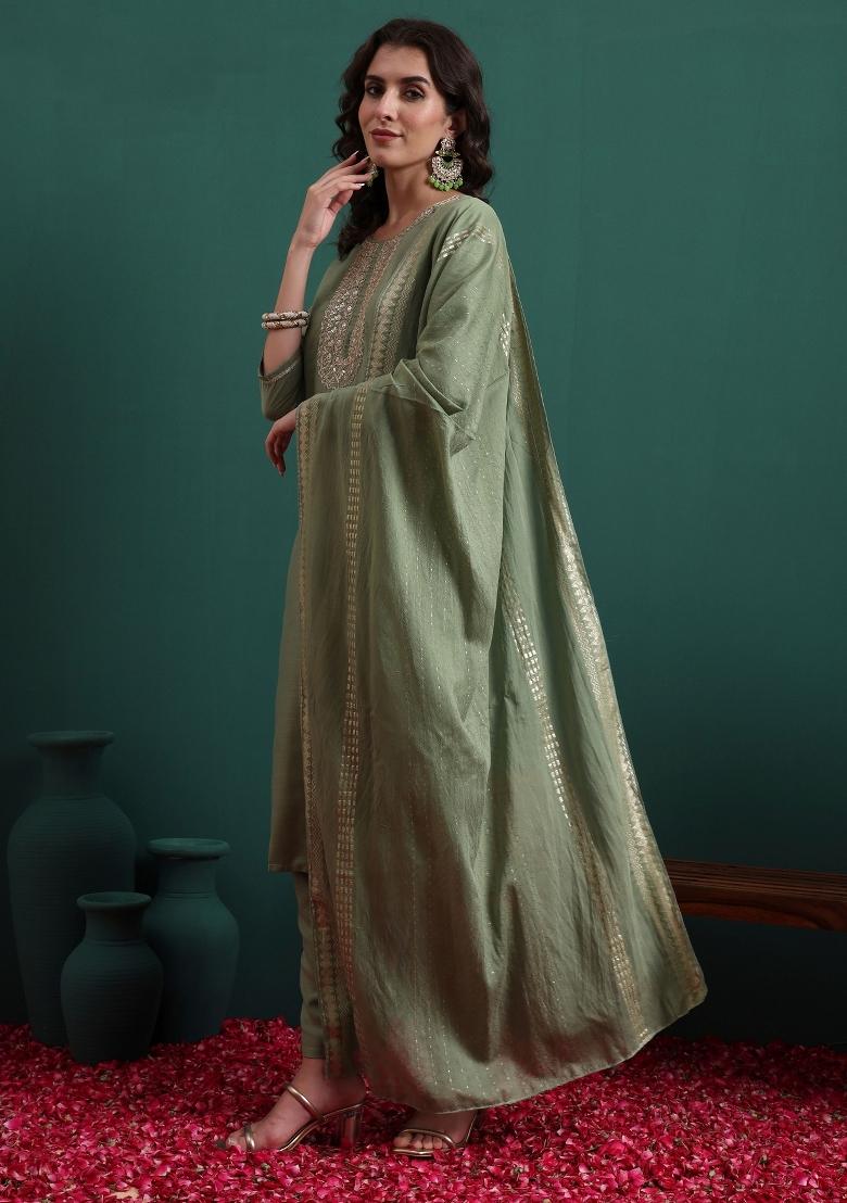 Green Embroidery Viscose Kurta Set - Indya