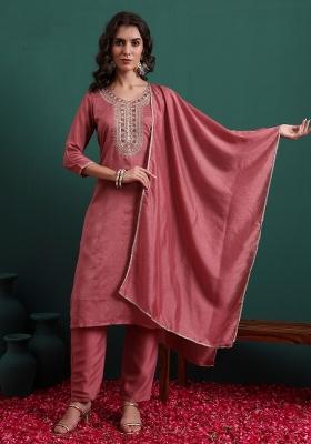 Pink Embroidery Silk Kurta Set