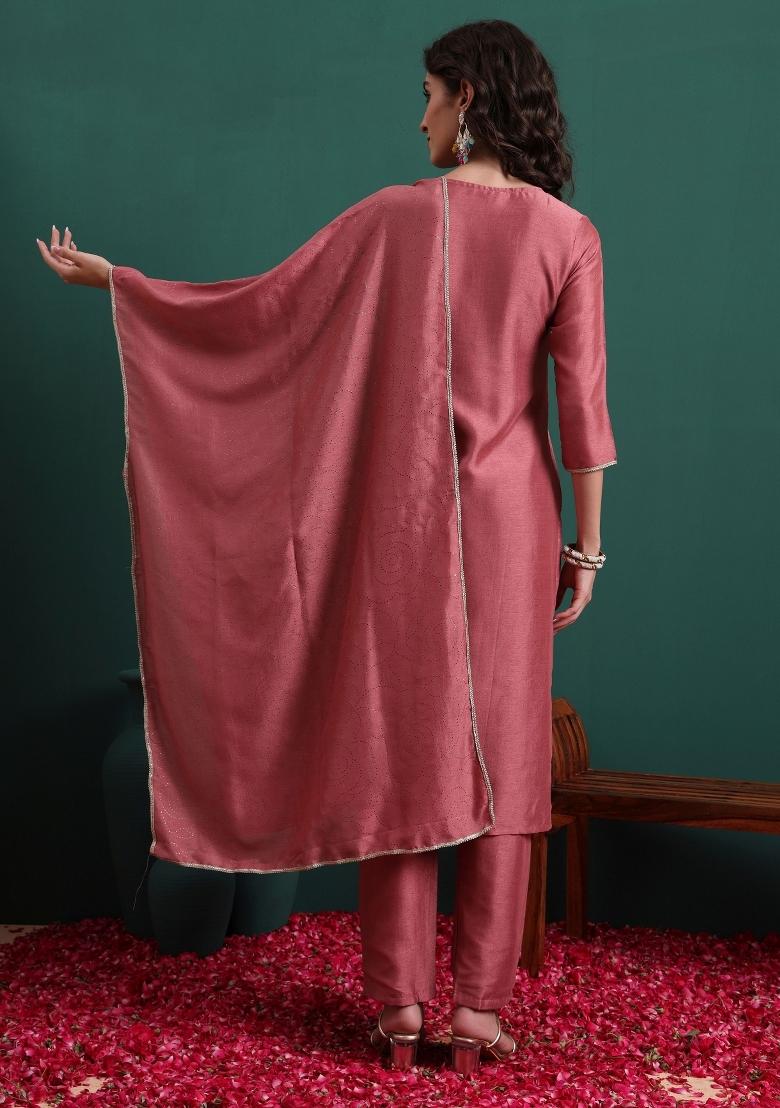 Pink Embroidery Silk Kurta Set - Indya