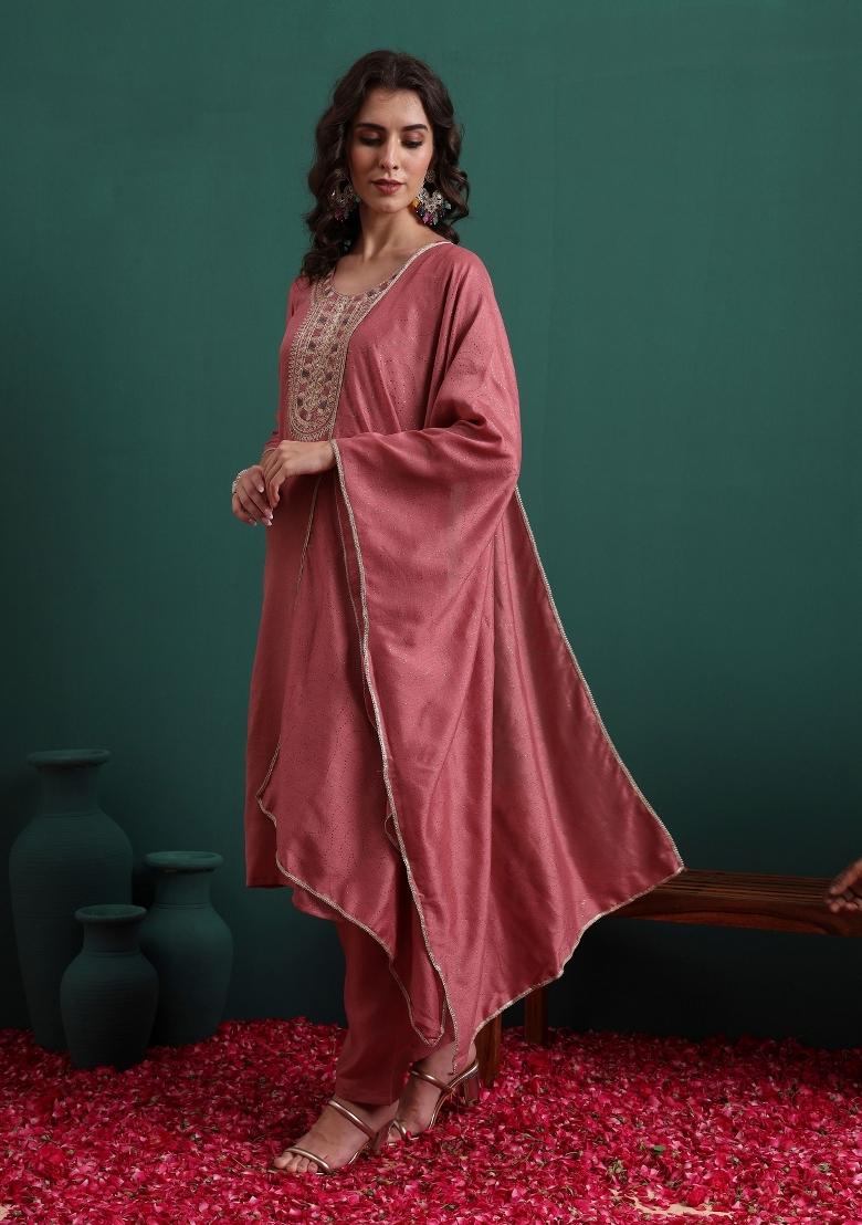 Pink Embroidery Silk Kurta Set - Indya