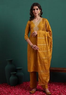 Mustard Embroidery Viscose Kurta Set