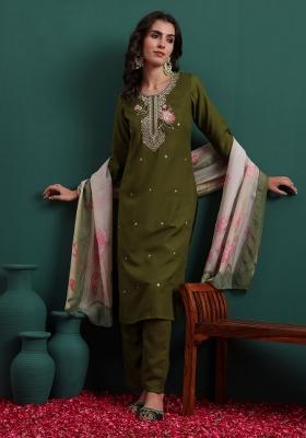 Olive Embroidery Viscose Kurta Set
