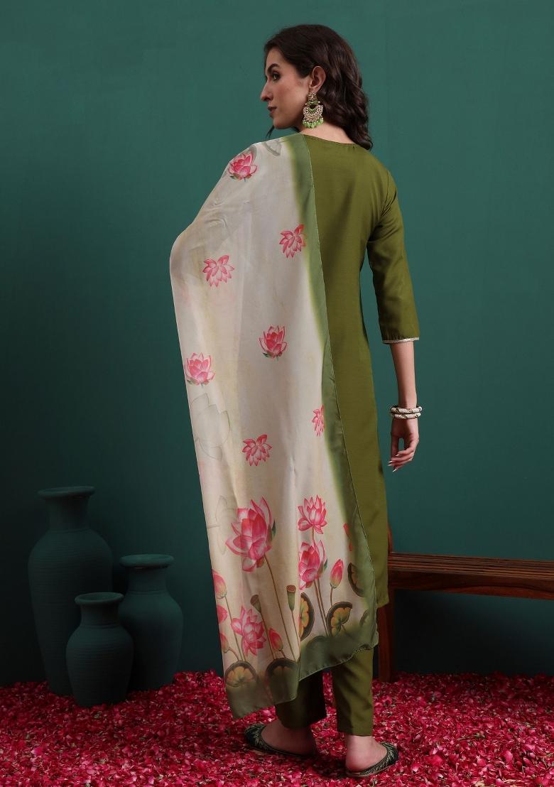 Olive Embroidery Viscose Kurta Set - Indya