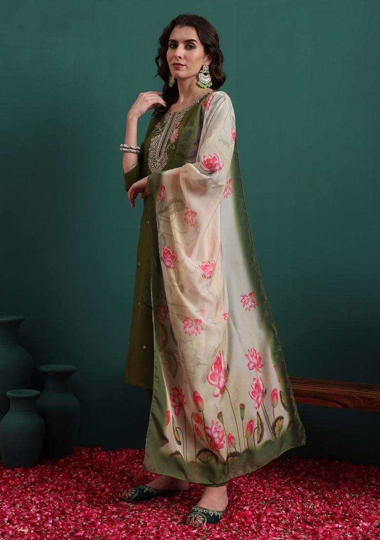 Olive Embroidery Viscose Kurta Set - Indya