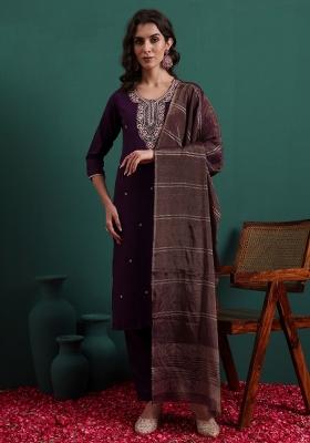 Purple Embroidery Viscose Kurta Set
