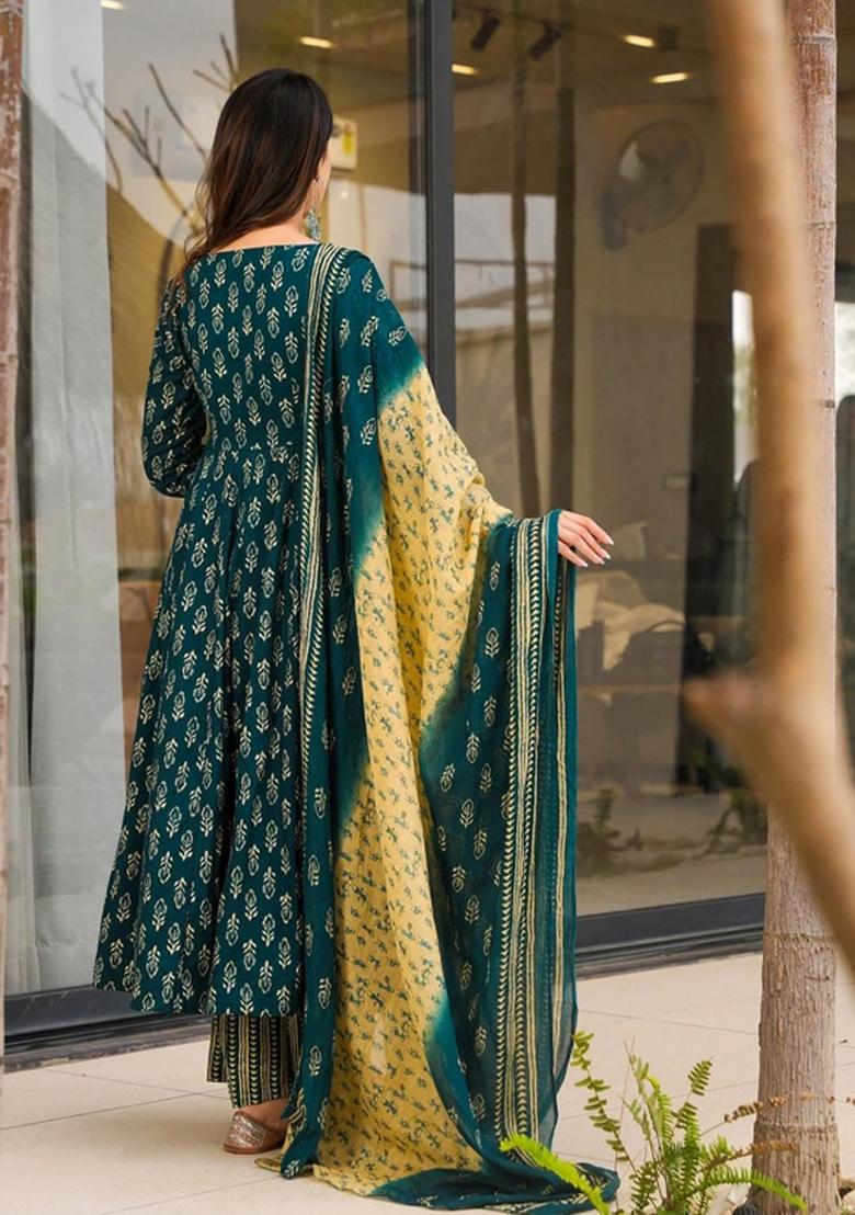 Green Printed Silk Palazzo Set - Indya