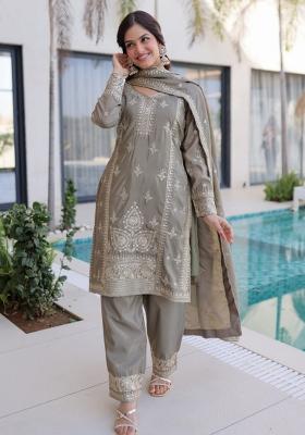Grey Embroidery Silk Kurta Set