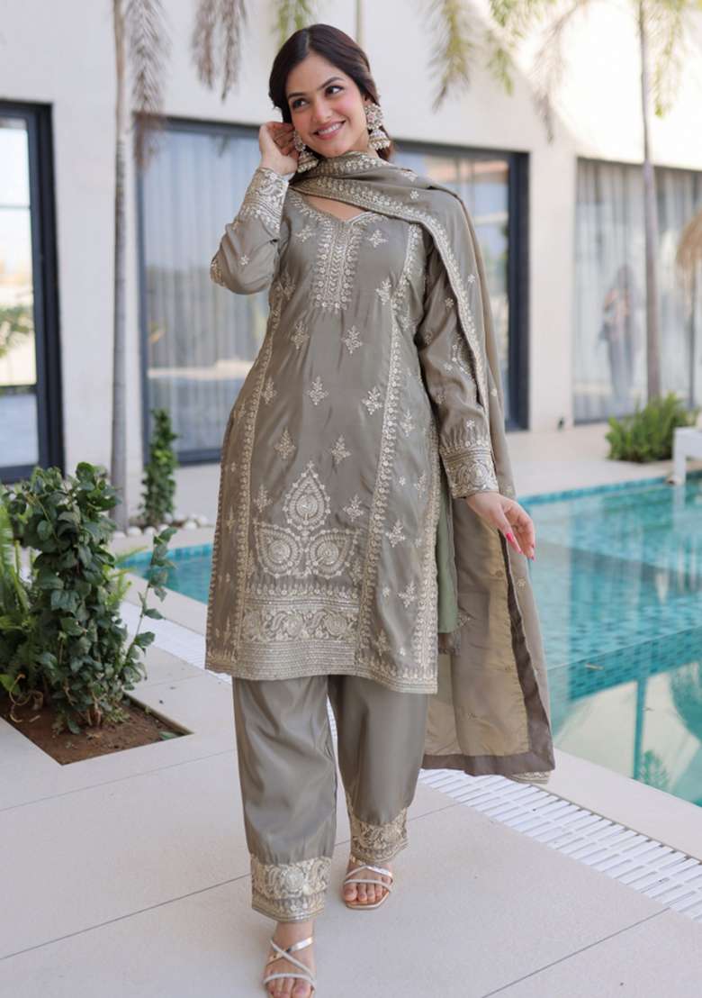Grey Embroidery Silk Kurta Set - Indya
