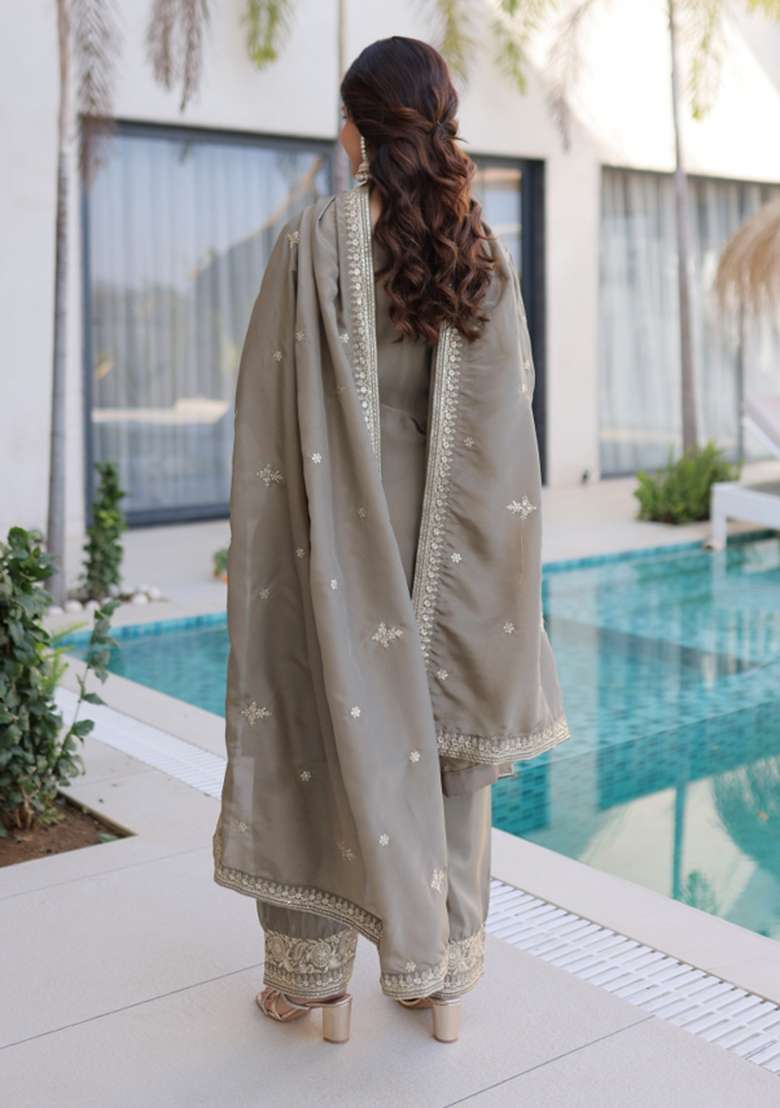 Grey Embroidery Silk Kurta Set - Indya