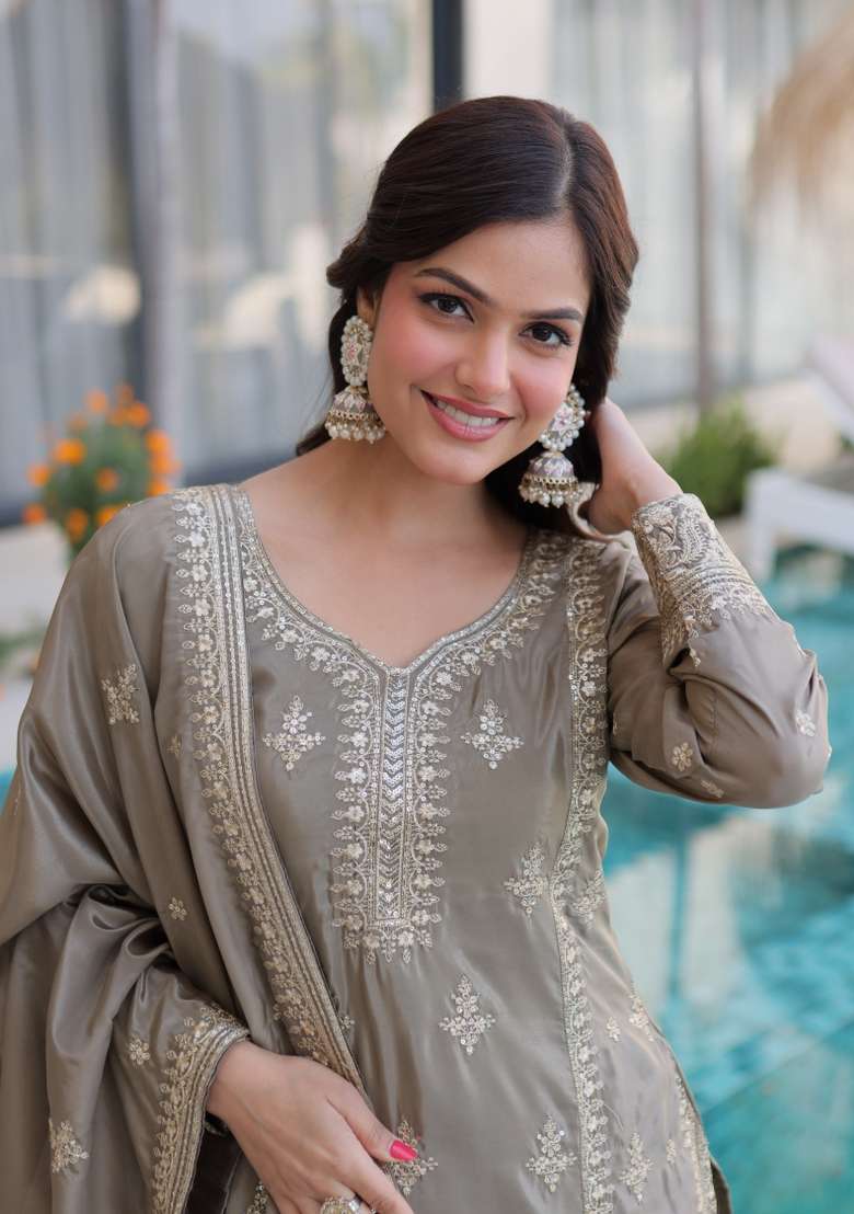 Grey Embroidery Silk Kurta Set - Indya