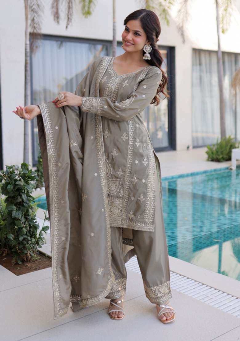 Grey Embroidery Silk Kurta Set - Indya
