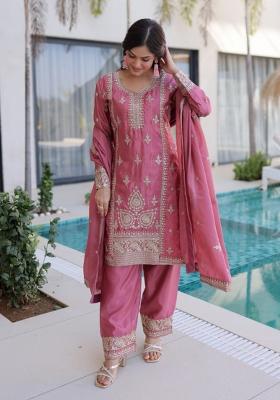 Pink Embroidery Silk Kurta Set