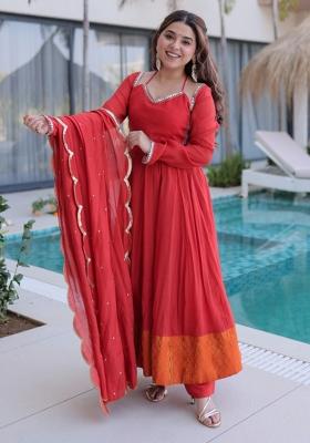 Rust Embroidery Chanderi Kurta Set