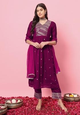 Purple Embroidery Silk Kurta Set