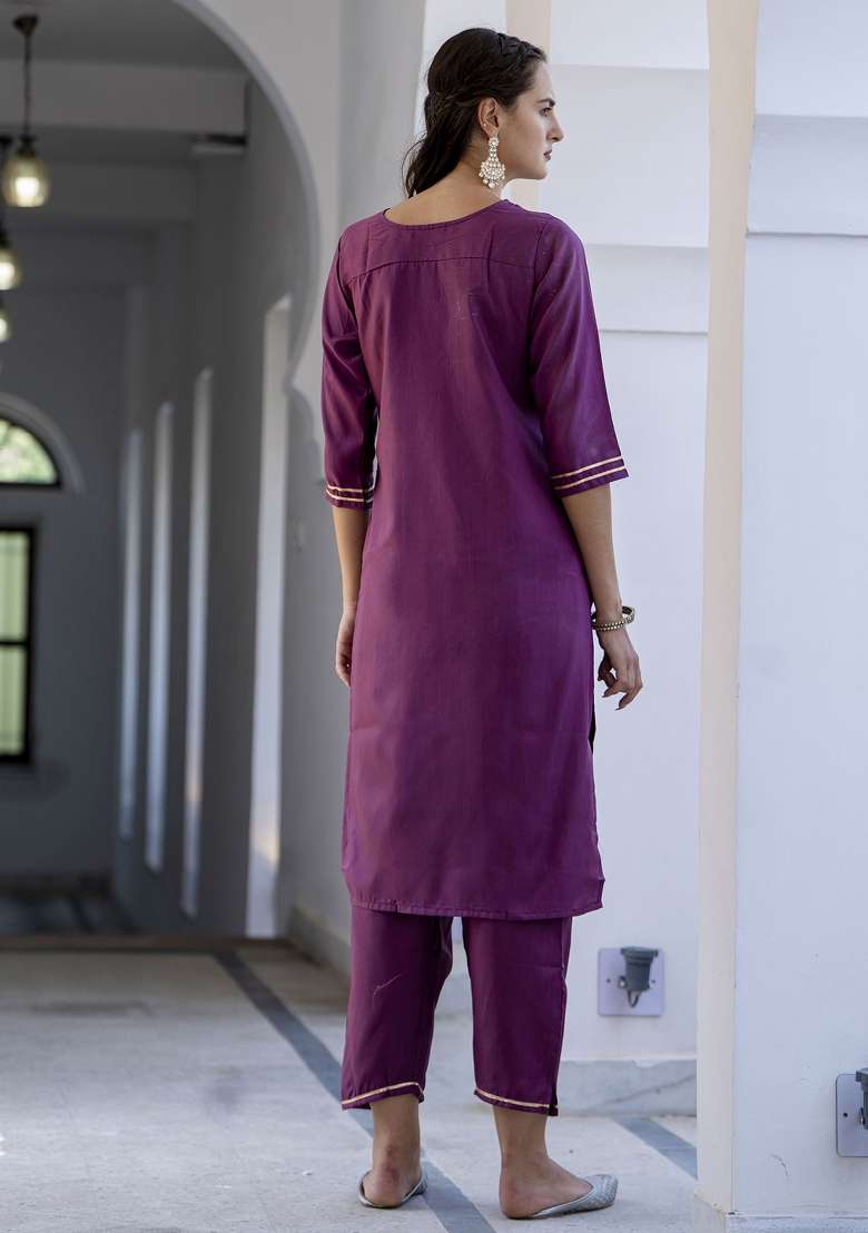 Magenta Embroidery Silk Kurta Set - Indya