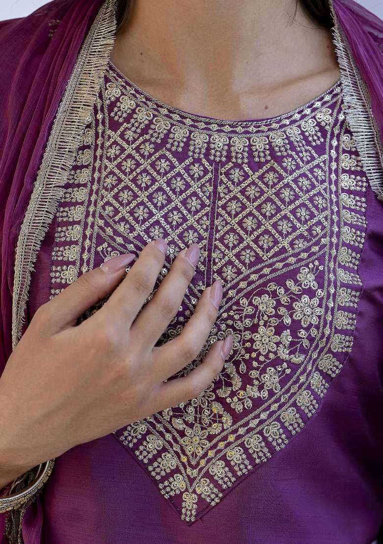 Magenta Embroidery Silk Kurta Set - Indya