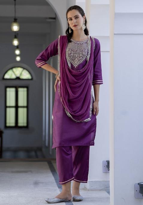Magenta Embroidery Silk Kurta Set