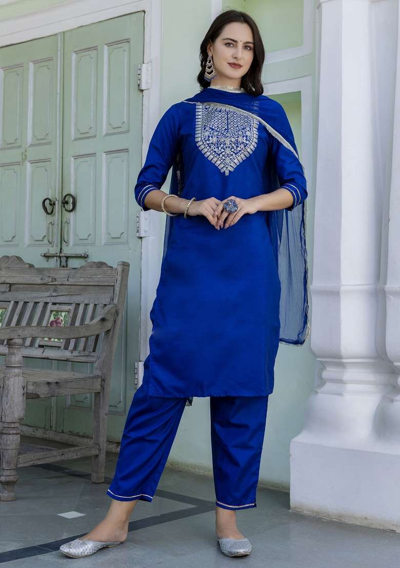 Blue Embroidery Silk Kurta Set - Indya