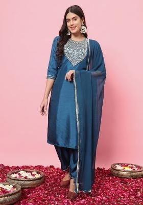 Teal Embroidery Silk Kurta Set