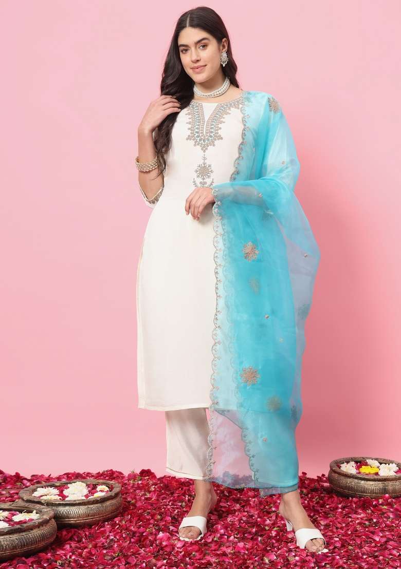 White Embroidery Silk Kurta Set - Indya