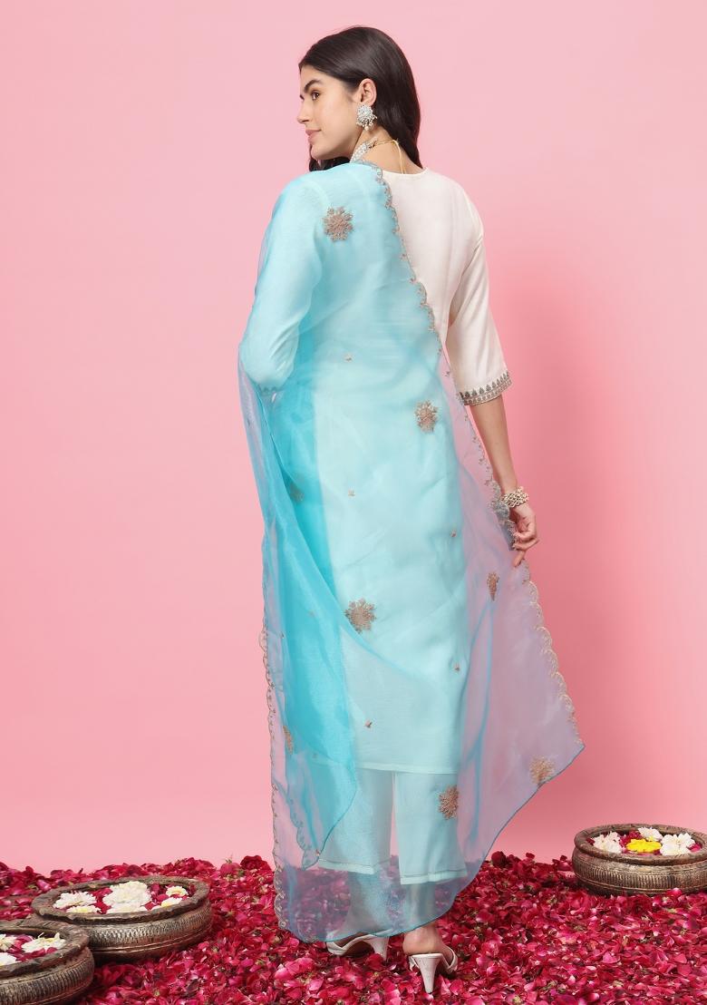 White Embroidery Silk Kurta Set - Indya