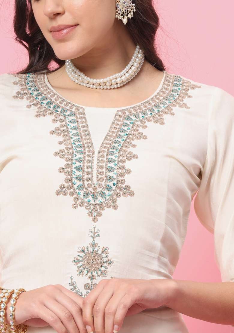 White Embroidery Silk Kurta Set - Indya