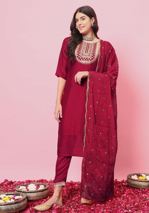 Pink Embroidery Silk Kurta Set