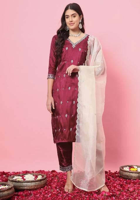 Red Embroidery Silk Kurta Set