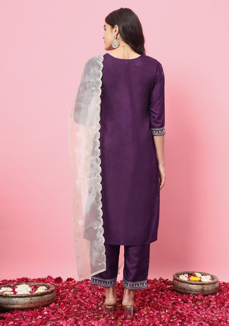 Purple Embroidery Silk Kurta Set - Indya