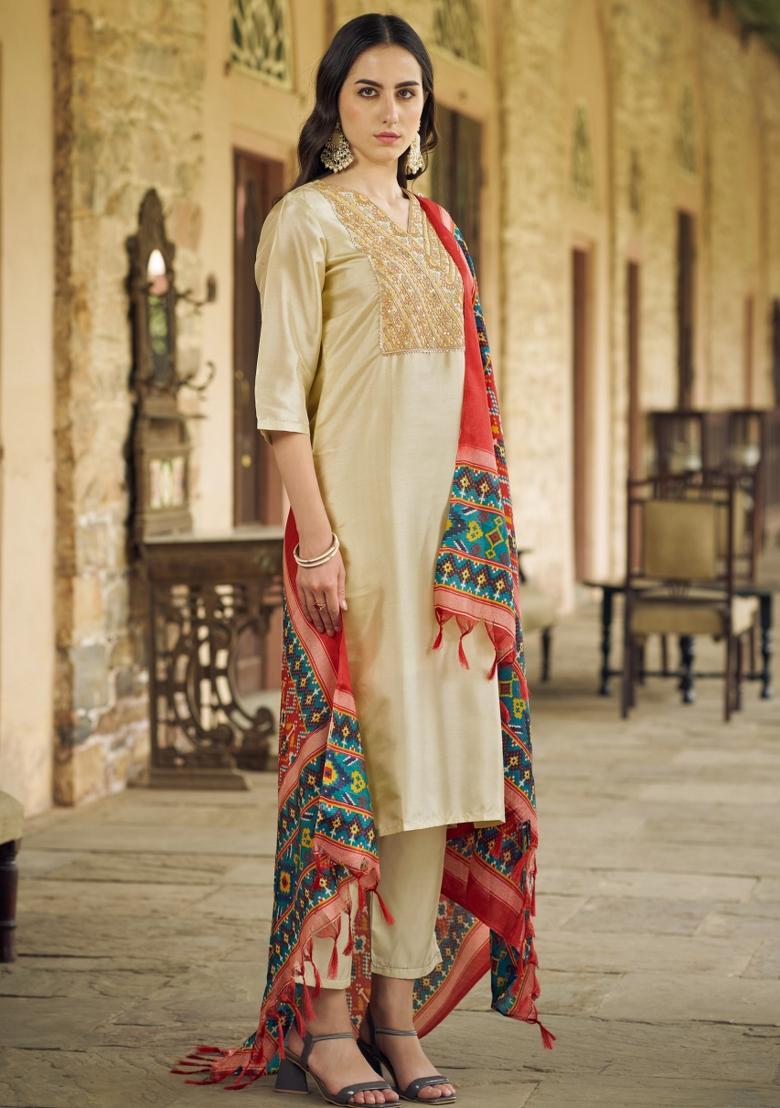 Beige Embroidery Silk Kurta Set - Indya