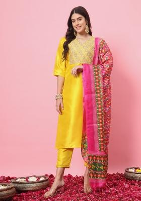 Yellow Embroidery Silk Kurta Set