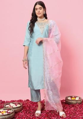 Sky Blue Embroidery Silk Kurta Set