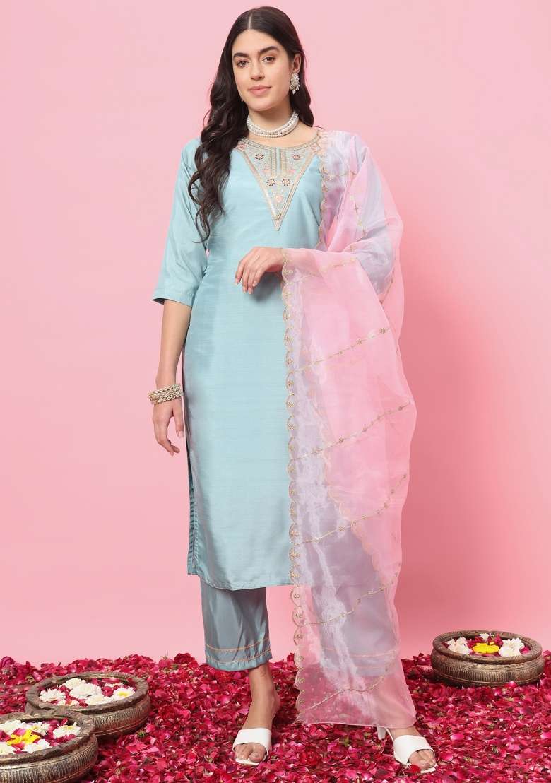 Sky Blue Embroidery Silk Kurta Set - Indya