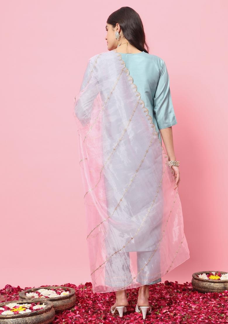 Sky Blue Embroidery Silk Kurta Set - Indya