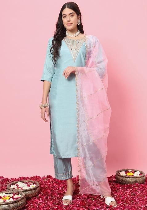 Sky Blue Embroidery Silk Kurta Set
