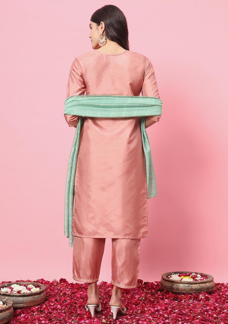 Peach Embroidery Silk Kurta Set - Indya