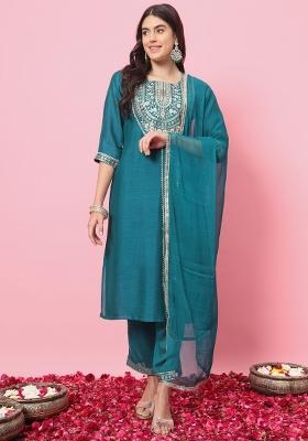 Green Embroidery Silk Kurta Set