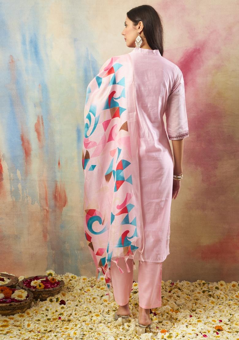 Pink Embroidery Chanderi Kurta Set - Indya