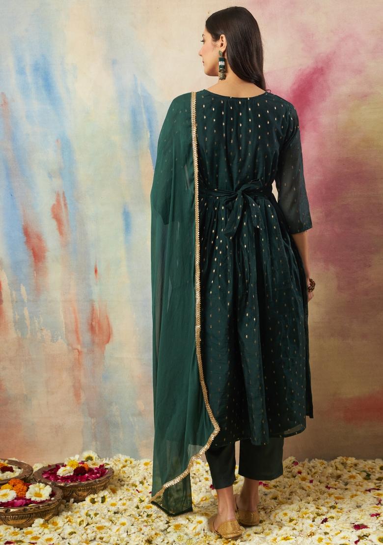 Green Embroidery Silk Kurta Set - Indya