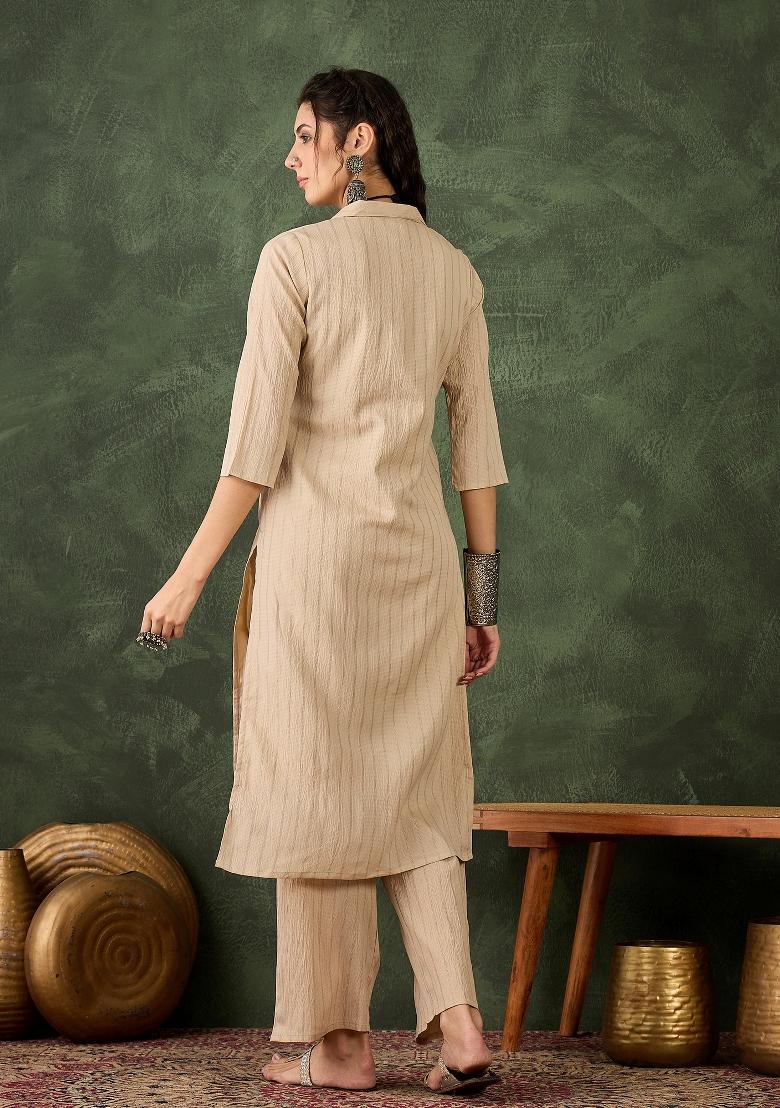 Cream Printed Chanderi Kurta Set - Indya