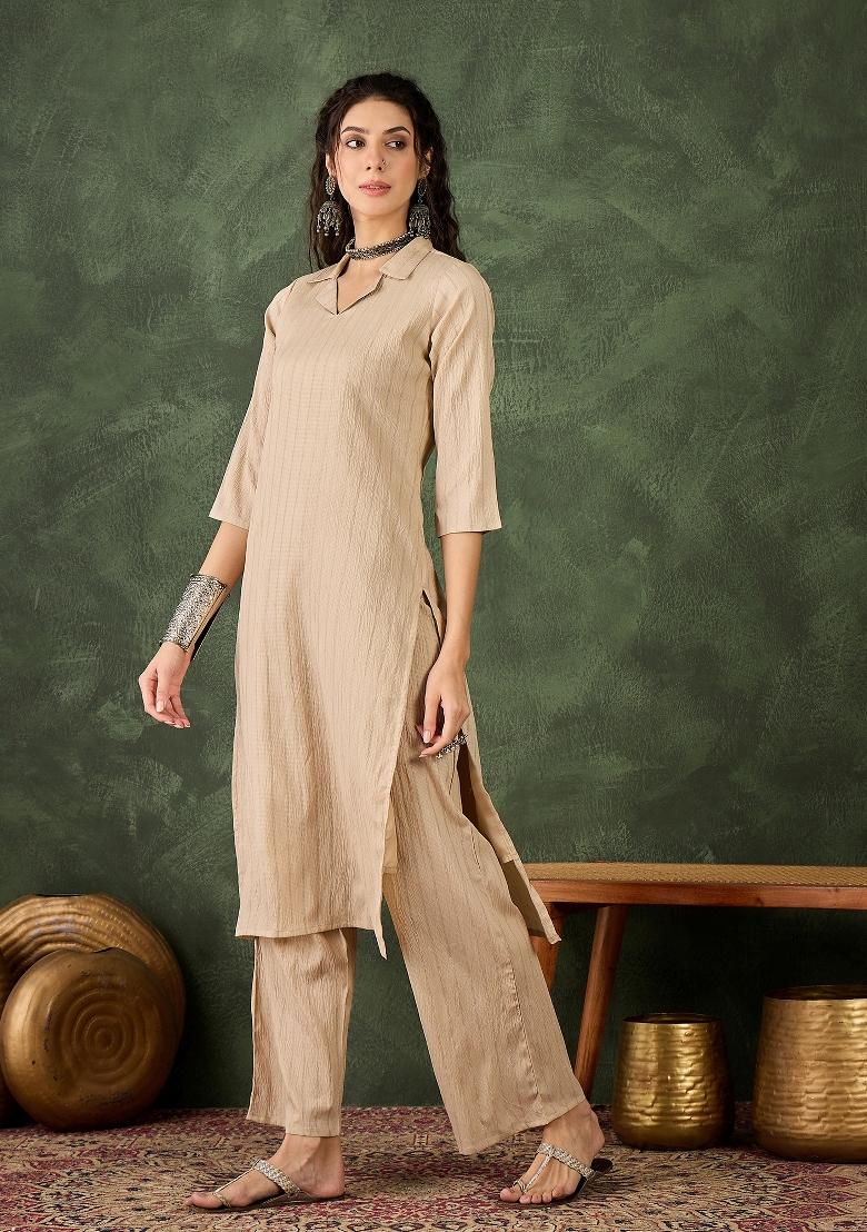 Cream Printed Chanderi Kurta Set - Indya